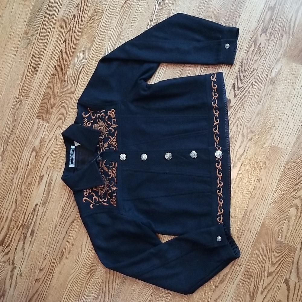 (L) Southwest Canyon Wool Blend Embroidered Trim Button Up Coat Classic Detailed